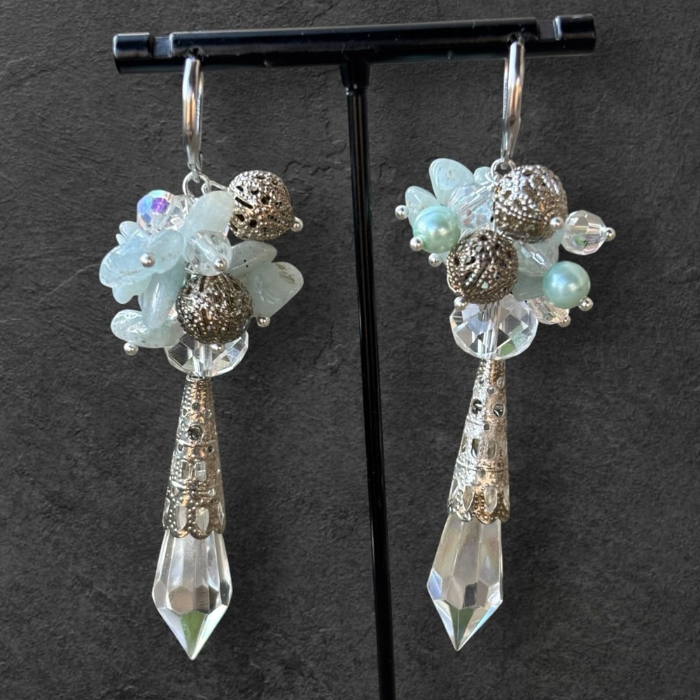 Handmade Pierced Earrings with Vintage Parts, Lucite Drops, and Bead Cluster - Picture 3 of 7